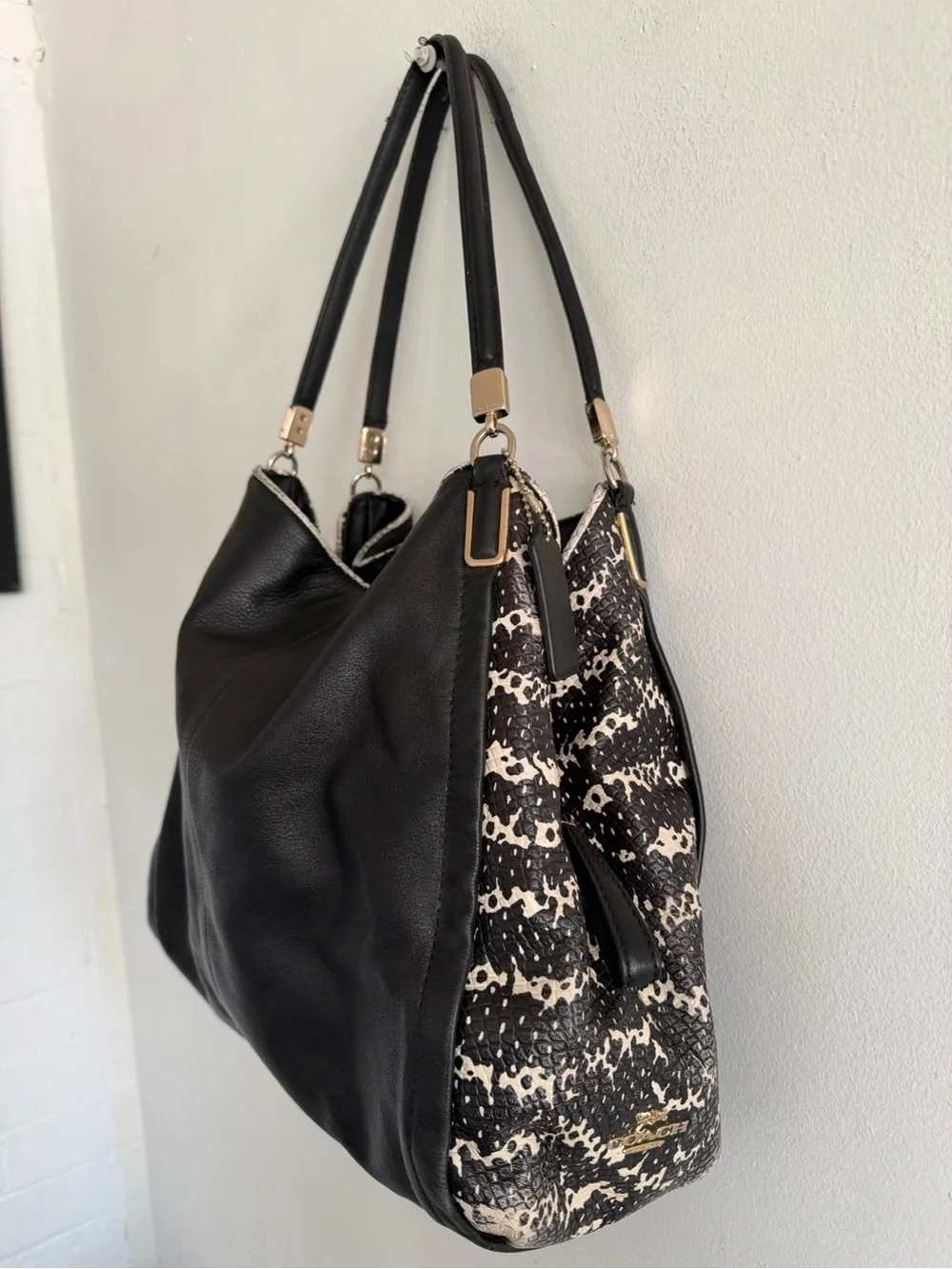 Coach Black Leather Hobo with Snake-Print Side Panels